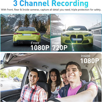 4'' Touch Screen 1080P 3 Channel Dash Cam Front Rear and inside Three Way Triple Dash Camera Recorder for Cars IR Night Vision G-Sensor Loop Recording DVR