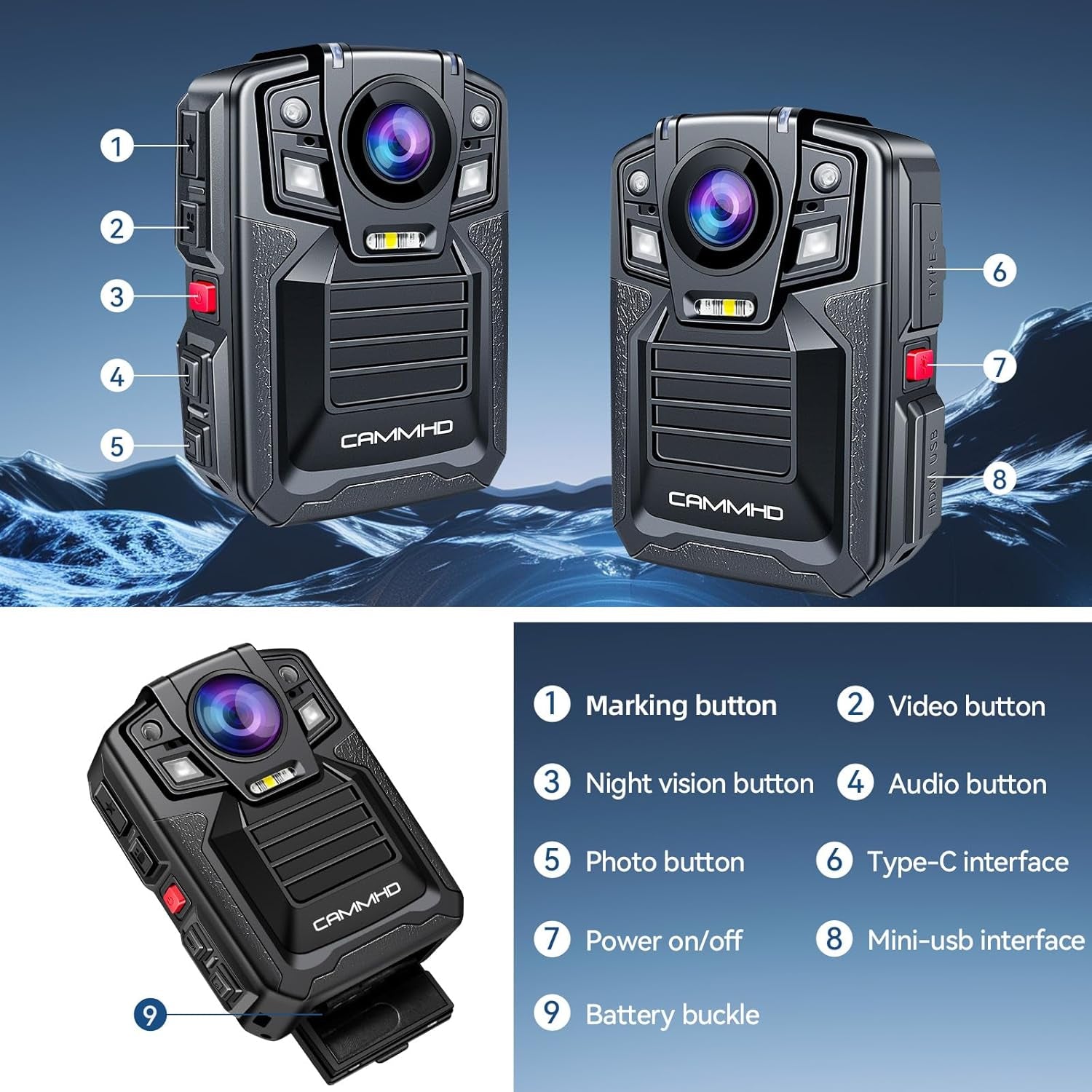 V8-1TB 4K Body Camera with Audio and Video Recording, 2160P Body Cam Two Battery 4400Mah Work 14H, H.265 Video Recorder, IP68 Waterproof, Night Vision Police Body Camera with Charging Dock