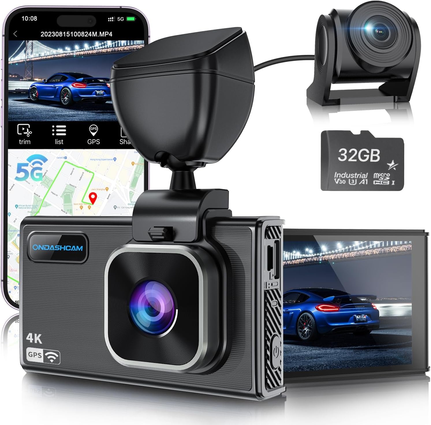 Dash Cam Front and Rear, 4K/2.5K Dual Dash Camera for Cars, 32GB Card Included, Dashcam Built-In Night Vision, 3.5" IPS, 5G Wifi & GPS, G-Sensor, 170° Wide Angle, WDR, 24H Parking Mode