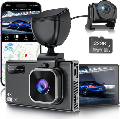 Dash Cam Front and Rear, 4K/2.5K Dual Dash Camera for Cars, 32GB Card Included, Dashcam Built-In Night Vision, 3.5" IPS, 5G Wifi & GPS, G-Sensor, 170° Wide Angle, WDR, 24H Parking Mode