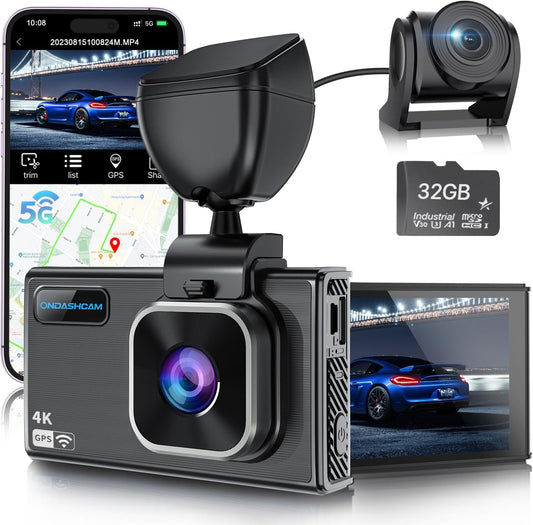 Dash Cam Front and Rear, 4K/2.5K Dual Dash Camera for Cars, 32GB Card Included, Dashcam Built-In Night Vision, 3.5" IPS, 5G Wifi & GPS, G-Sensor, 170° Wide Angle, WDR, 24H Parking Mode