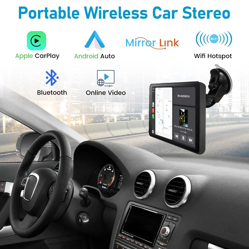 7"Touch Screen Portable Car Stereo for Wireless Apple Carplay Android Auto, Built in Multimedia Player Audio, Bluetooth Handsfree,Gps,Mirror Link