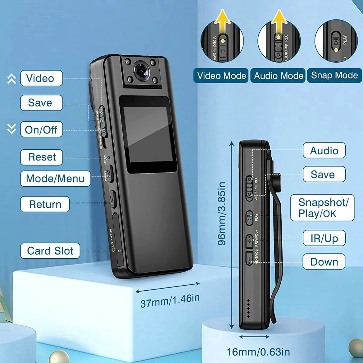 64GB Small Body Camera Mini Camera HD 1080P Camcorder Recording Infrared LCD Screen DVR DV Audio Video Record Support