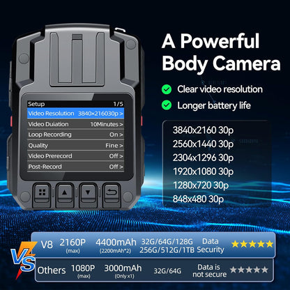 V8-1TB 4K Body Camera with Audio and Video Recording, 2160P Body Cam Two Battery 4400Mah Work 14H, H.265 Video Recorder, IP68 Waterproof, Night Vision Police Body Camera with Charging Dock