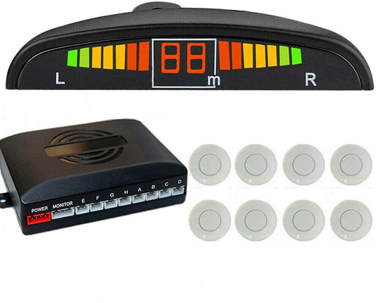 Car Front and Rear Reversing Radar Kit, Led Buzzer Alarm 8 Sensor Front and Rear Parking Sensor Prompt