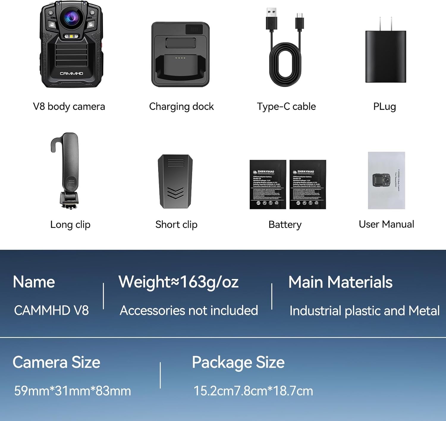 V8-1TB 4K Body Camera with Audio and Video Recording, 2160P Body Cam Two Battery 4400Mah Work 14H, H.265 Video Recorder, IP68 Waterproof, Night Vision Police Body Camera with Charging Dock