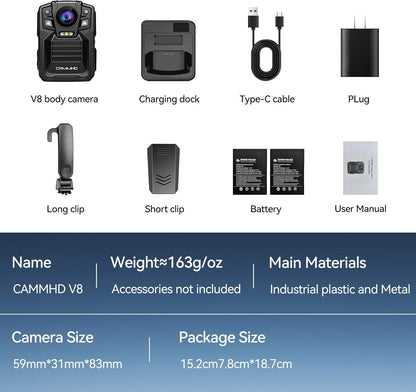 V8-1TB 4K Body Camera with Audio and Video Recording, 2160P Body Cam Two Battery 4400Mah Work 14H, H.265 Video Recorder, IP68 Waterproof, Night Vision Police Body Camera with Charging Dock