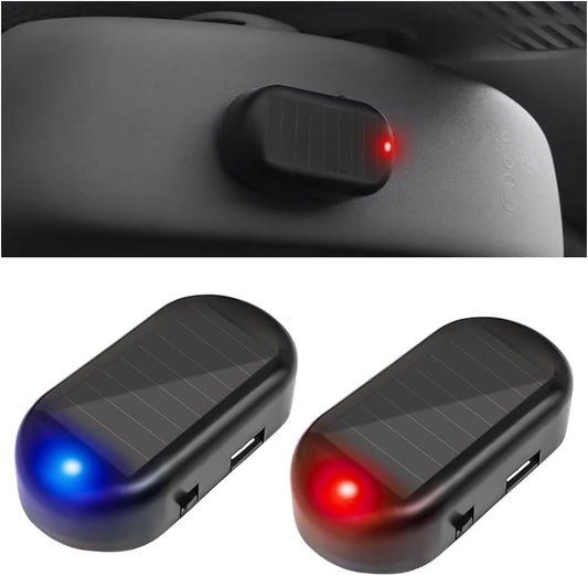 2PCS Car Solar Power Simulated Dummy Alarm, Warning Anti-Theft Vehicle LED Flashing Security Light Fake Lamp with USB Charger Port, Auto Interior Accessories, Universal for Most Cars (Blue/Red)