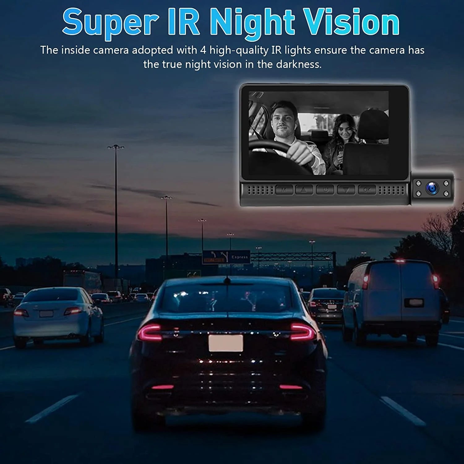 4'' Touch Screen 1080P 3 Channel Dash Cam Front Rear and inside Three Way Triple Dash Camera Recorder for Cars IR Night Vision G-Sensor Loop Recording DVR