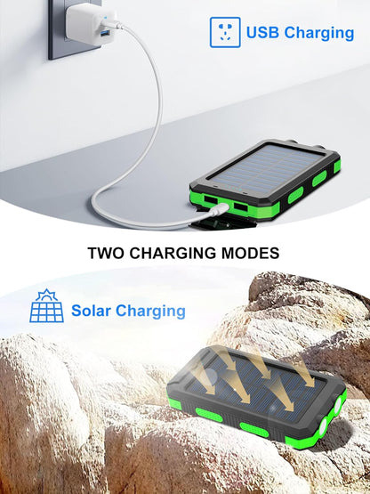 Solar Charger Power Bank - Portable Solar Phone Charger with LED Flashlight, IP65 Waterproof External Battery Pack Perfect for Outdoor Activities (Green)