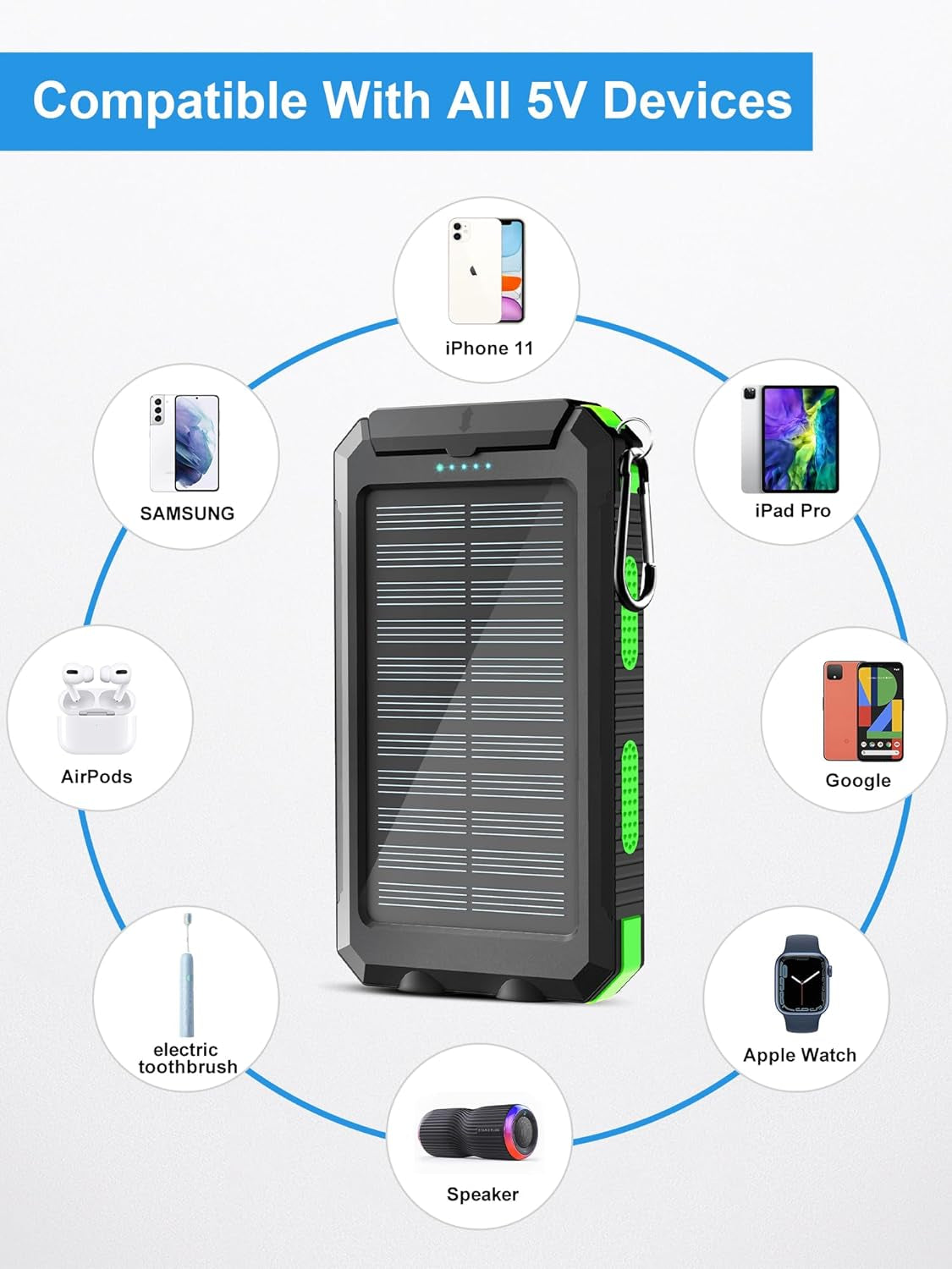 Solar Charger Power Bank - Portable Solar Phone Charger with LED Flashlight, IP65 Waterproof External Battery Pack Perfect for Outdoor Activities (Green)