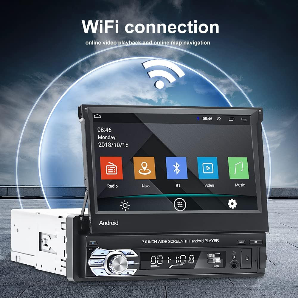 [2G+32G] Android Single Din Car Stereo with Backup Camera 7 Inch Touch Screen Flip Out Retractable Bluetooth Car Radio