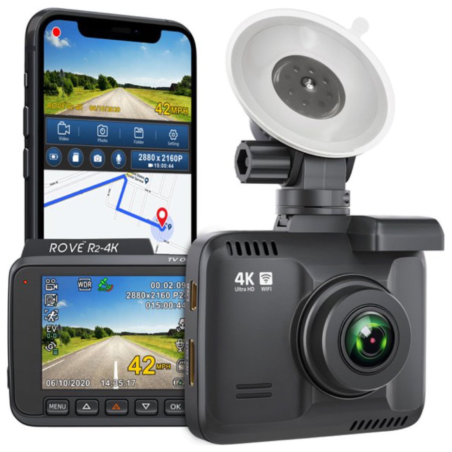 R2-4K Car Dash Cam - UHD 2160P Dashboard Camera with Built-In WiFi, GPS, 2.4" LCD Display, 150° Wide Angle, WDR, and Night Vision