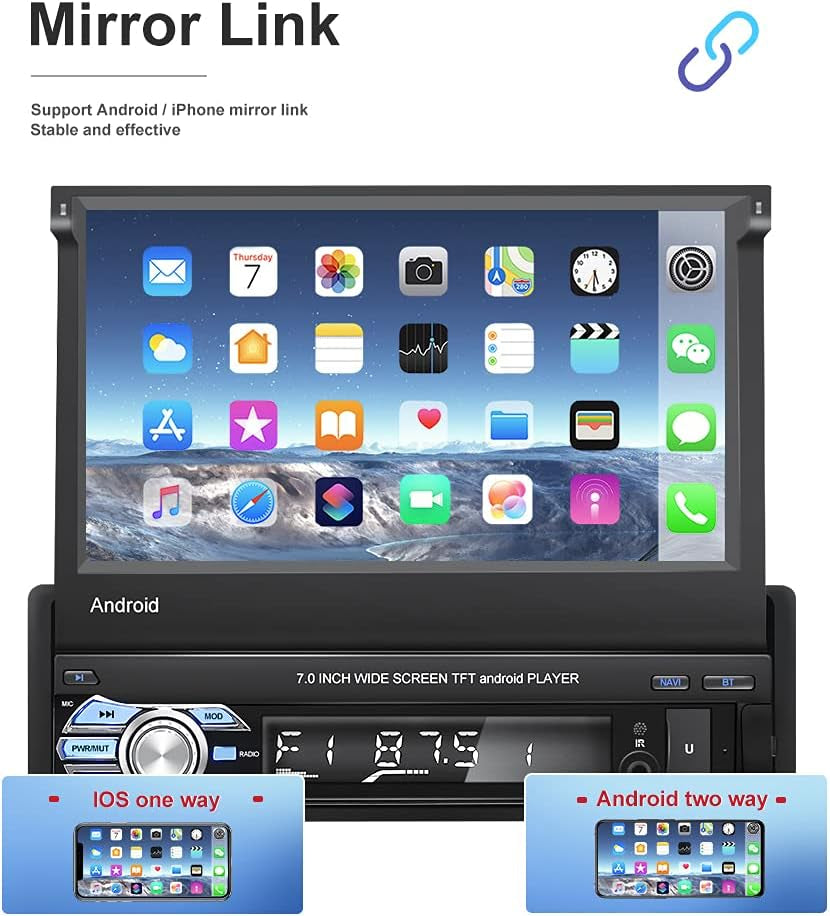 [2G+32G] Android Single Din Car Stereo with Backup Camera 7 Inch Touch Screen Flip Out Retractable Bluetooth Car Radio
