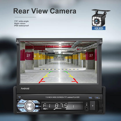 [2G+32G] Android Single Din Car Stereo with Backup Camera 7 Inch Touch Screen Flip Out Retractable Bluetooth Car Radio